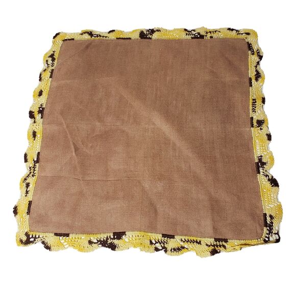 VTG HANKIE BROWN & YELLOW CROCHETED LACE EDGE HANDMADE POCKET SCARF ESTATE - Picture 1 of 10